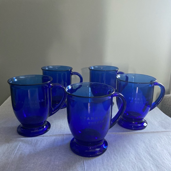 4 STARBUCKS BLUE GLASS MUGS - Picture 1 of 5
